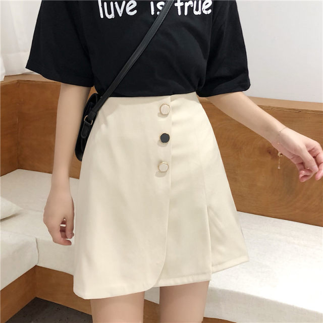 Plus size fat mm spring Korean version 2022 new slim button skirt female students versatile A-line side pleated skirt