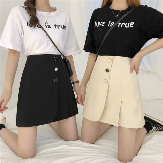 Plus size fat mm spring Korean version 2022 new slim button skirt female students versatile A-line side pleated skirt
