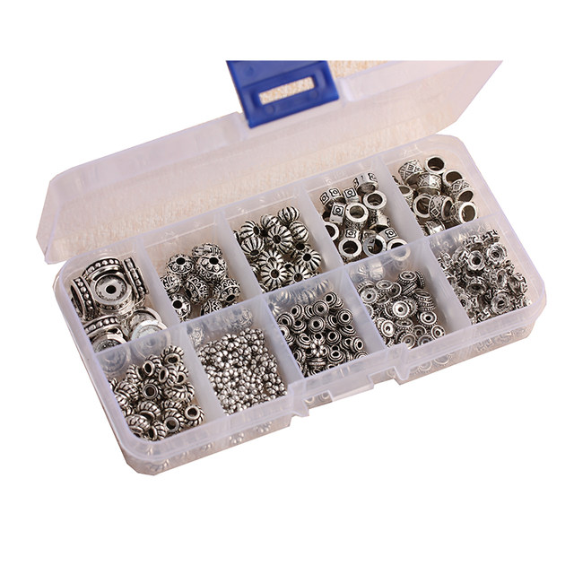Making bracelet necklace DIY material handmade jewelry accessories Tibetan silver round bead flower tube pipe bead mixed 1 box