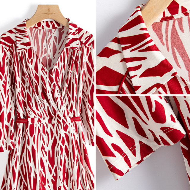 Chunzhu 100% mulberry silk stretch knitted silk wrap skirt with a quarter-sleeved pullover mid-length printed dress