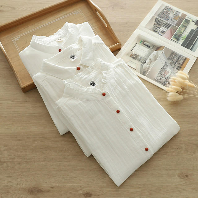 Pure cotton stand collar black ears white shirt Japanese spring and autumn new long-sleeved solid color base age-reducing layered shirt for women