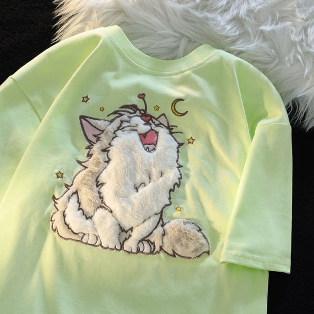 Co-branded cartoon trendy brand sweet short-sleeved T-shirt for women in summer new couple dopamine niche loose green top