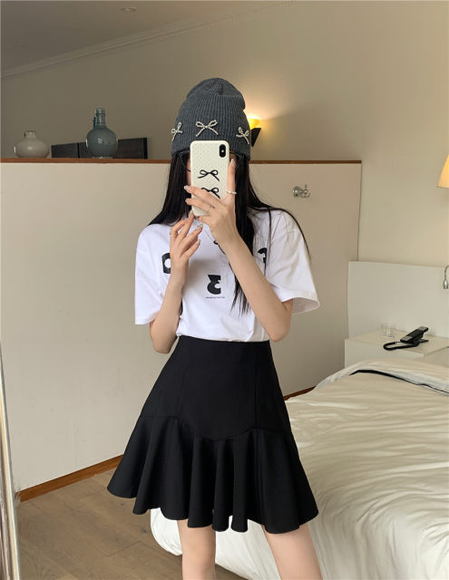 Large size high-waisted ruffled skirt, spring and summer slim and versatile A-line pleated short skirt, fat mm belly-covering black umbrella skirt