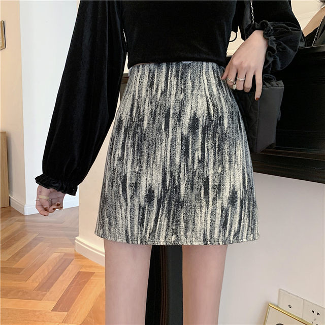 Oil painting printed skirt summer large size women's high waist Hong Kong flavor thin bag hip skirt fat mm student A -line skirt

