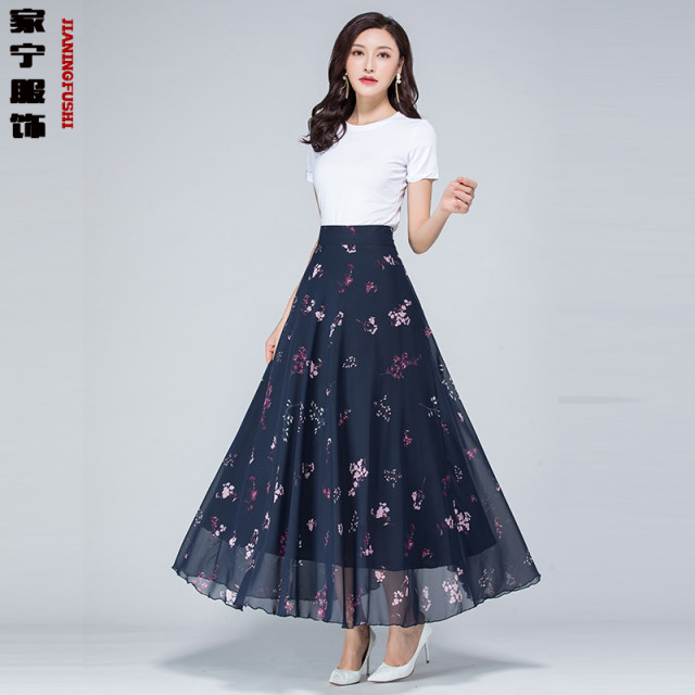 2024 Summer wild floral chiffon half body long skirt new high -waisted A -line skirt big size dance long skirt

