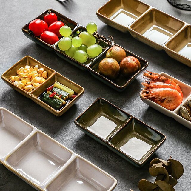Ceramic three-grid dish with dish plate, side dish flavor dish dipping sauce dish with plate, vinegar dish, ingredients dish hot pot barbecue restaurant tableware