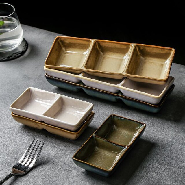 Ceramic three-grid dish with dish plate, side dish flavor dish dipping sauce dish with plate, vinegar dish, ingredients dish hot pot barbecue restaurant tableware