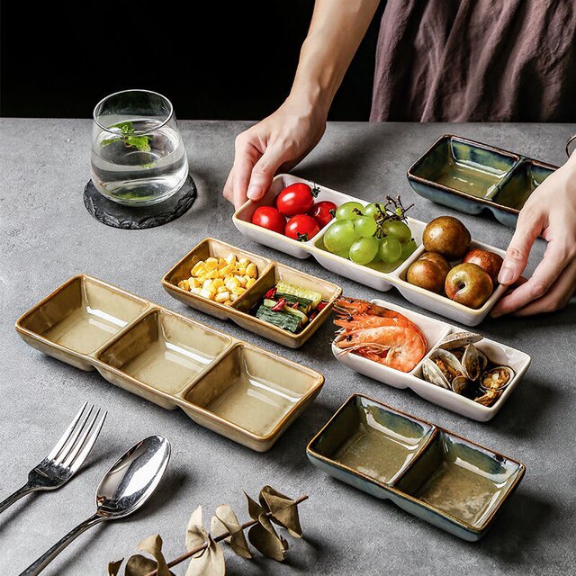 Ceramic three-grid dish with dish plate, side dish flavor dish dipping sauce dish with plate, vinegar dish, ingredients dish hot pot barbecue restaurant tableware