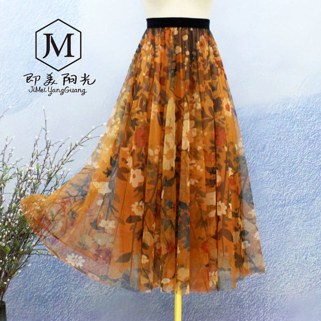2025 spring and summer fashion printed skirt elegant large hem skirt mid skirt three-layer soft mesh skirt slim skirt long skirt