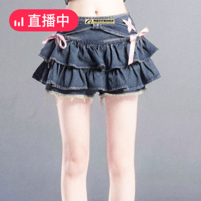 Small light luxury custom lace-up skirt blue denim pleated skirt hot girl slim short skirt design skirt pants