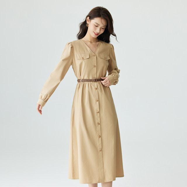 Inman French commuter puff sleeve dress 2024 spring temperament V-neck slim mid-length A-line skirt
