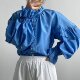 Foreign trade os silk plus cotton light and breathable single-breasted ruffled blue long-sleeved shirt for women 2024 new style