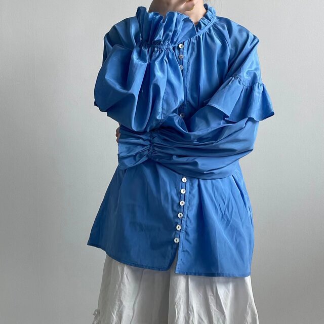Foreign trade os silk plus cotton light and breathable single-breasted ruffled blue long-sleeved shirt for women 2024 new style