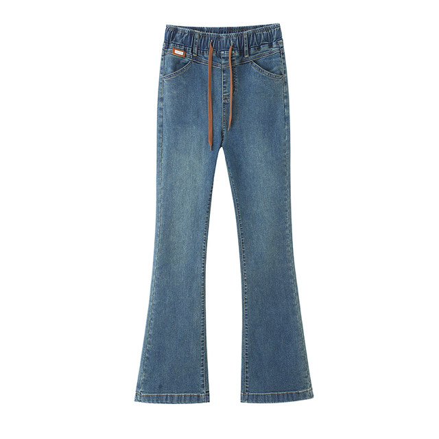High-waisted large size denim trousers for women in spring and autumn 2025 new elastic waist small nine-point bell-bottom pants