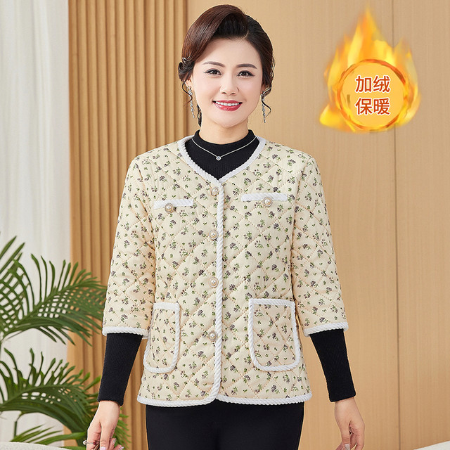 Middle-aged and elderly women's cotton vest, plus velvet, warm three-quarter sleeve cotton jacket, fashionable floral mid-sleeve vest, cotton-padded jacket