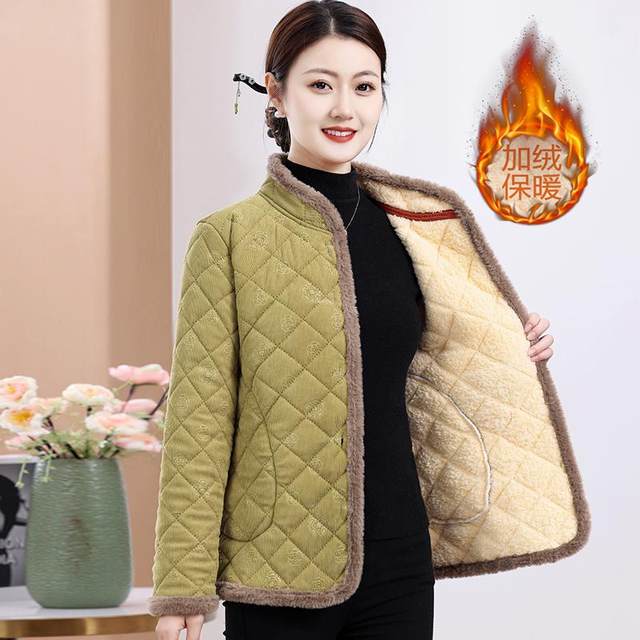 New corduroy thickened cotton jacket for women in winter middle-aged and elderly warm cotton jacket for mothers dresses fashionable plush cotton jacket