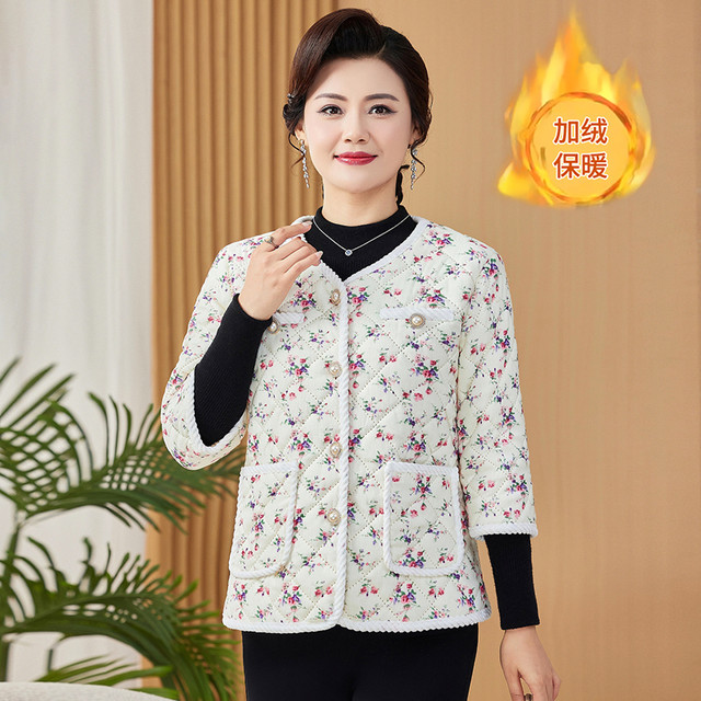 Middle-aged and elderly women's cotton vest, plus velvet, warm three-quarter sleeve cotton jacket, fashionable floral mid-sleeve vest, cotton-padded jacket