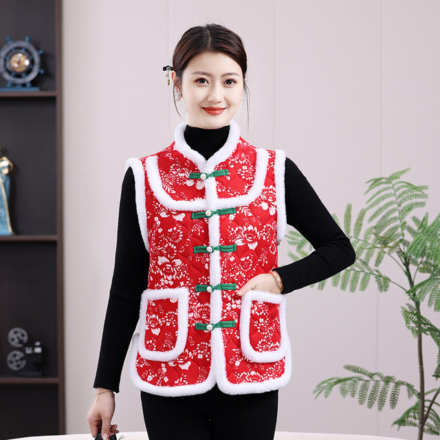 Mother's autumn and winter clothing, ethnic style cotton vest, middle-aged and elderly women's clothing, Northeastern large flower cotton-padded jacket with buckle and velvet vest