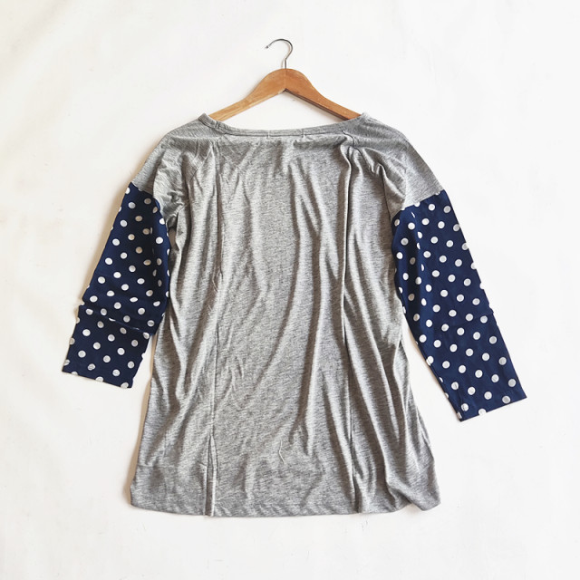 E5-1 autumn women's foreign trade chiffon polka dot printed top loose round neck casual pocket 7-quarter sleeve T-shirt