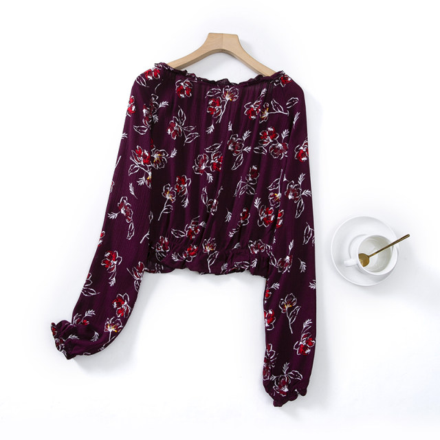 D26-2 New Women's Sauce Purple Red Floral Long Sleeve Small Shirt with Wood Ears One-Ling Short French Shirt