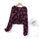 D26-2 New Women's Sauce Purple Red Floral Long Sleeve Small Shirt with Wood Ears One-Ling Short French Shirt