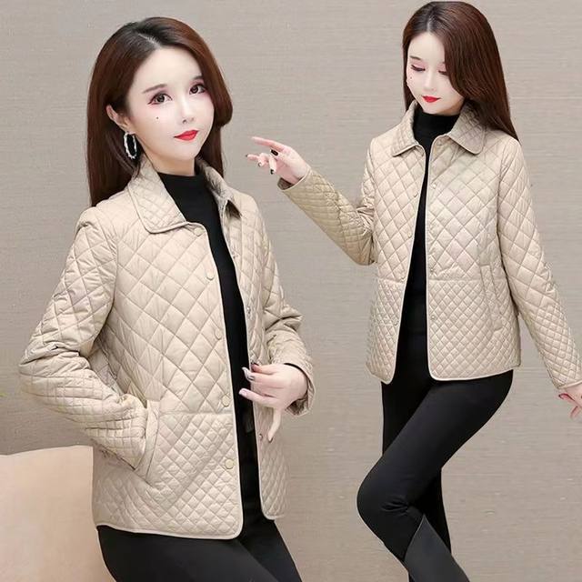 Diamond plaid cotton thin jacket for women short winter 2024 new Korean loose casual light cotton jacket