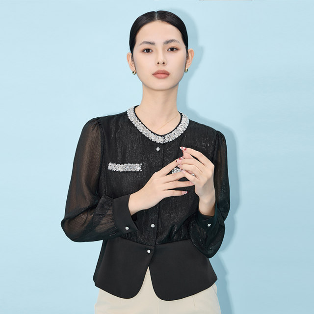 Ma Tiannu official authentic 2025 spring new round neck long sleeve shirt women's slim short top shopping mall same style