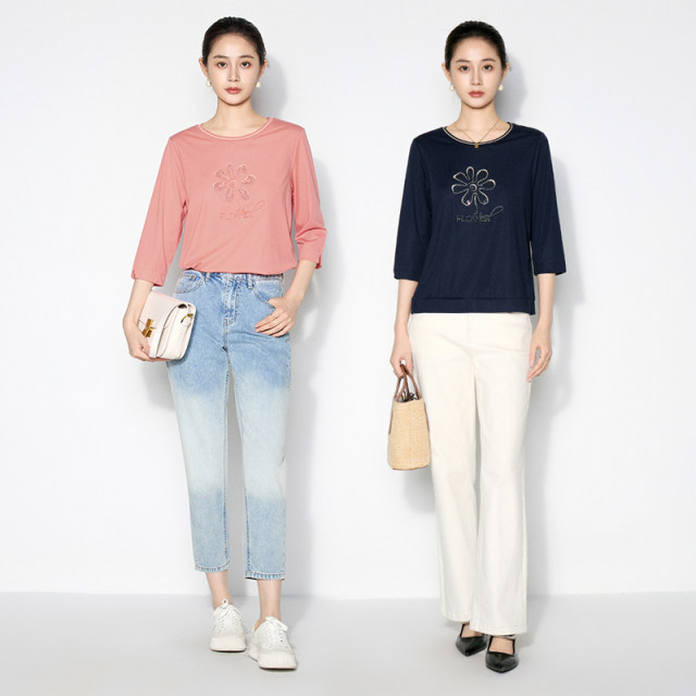 Ma Tiannu 2025 summer new solid color embroidered T-shirt round neck mid-sleeved top stretch versatile casual and fashionable women