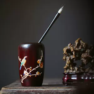 ▽鴻▽ 紫檀木製 細密彫 百寶嵌 福運長久 筆筒 置物 古賞物 中国古玩