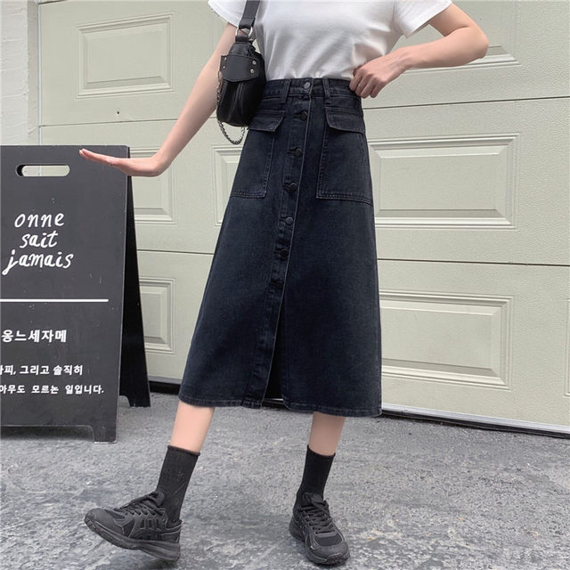 2022 summer large size medium-length single-breasted denim skirt fat mm Korean version a-line hip-pack skirt 200Jin [Jin equals 0.5 kg]