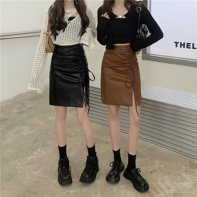 Large -size retro coffee color lace -up PU leather skirt in autumn and winter high waist covered belly A -shaped skirt shows thin split bag hip skirt