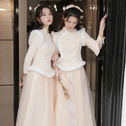 Cheongsam bridesmaid dress Chinese style 2023 new winter thick senior sister group dress women autumn and winter long sleeves to keep warm