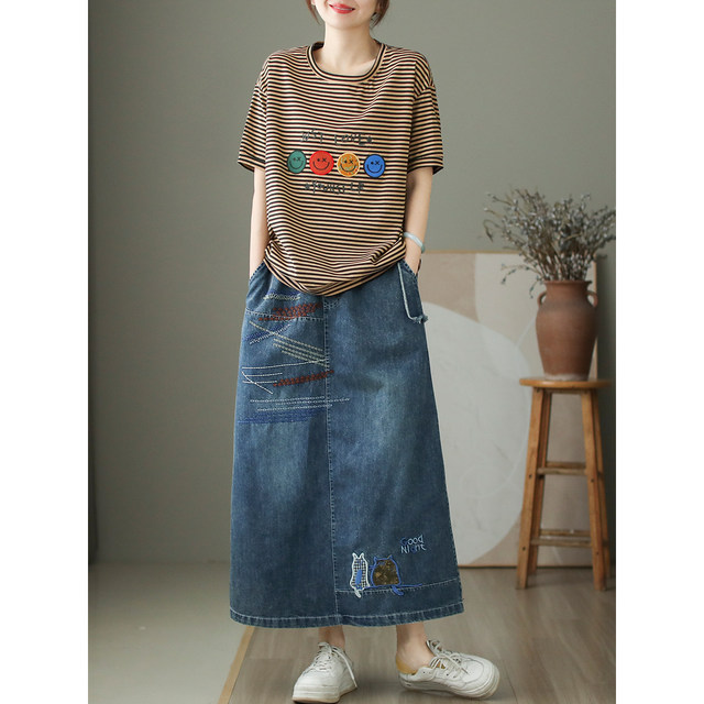 Dele original innovative literary design narrow version denim skirt for women's retro lace-up slim mid-length A-line skirt
