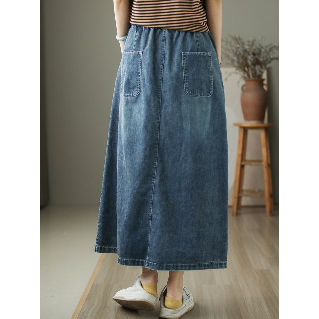 Dele original innovative literary design narrow version denim skirt for women's retro lace-up slim mid-length A-line skirt