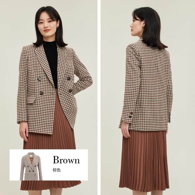 Prich shopping malls in the same suit autumn and winter contain cotton wool double -breasted small grid jacket female