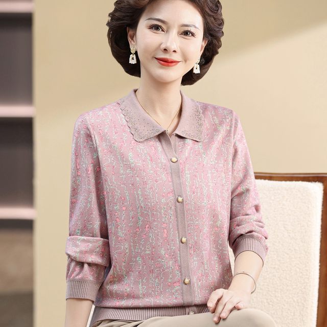 Mom's spring and autumn fashionable lapel pure cotton T-shirt base shirt middle-aged and elderly women's early autumn thin long-sleeved top cardigan