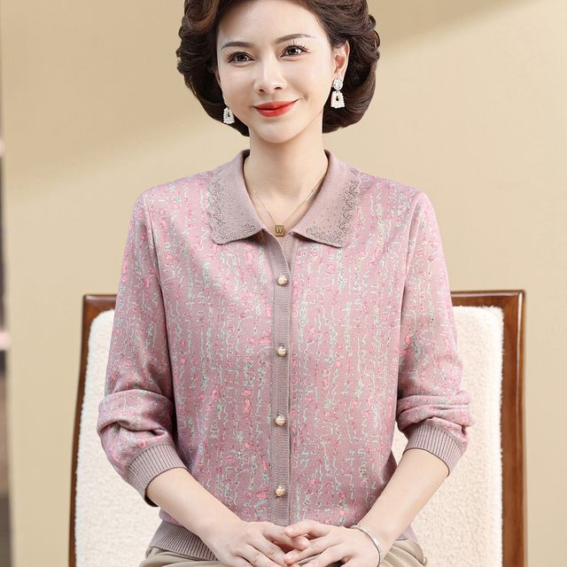 Mom's spring and autumn fashionable lapel pure cotton T-shirt base shirt middle-aged and elderly women's early autumn thin long-sleeved top cardigan