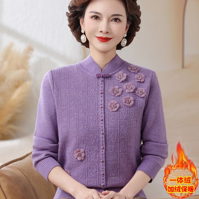 Mom's winter clothing plus velvet and thickened woolen clothing, foreign style national style cheongsam top, warm inner layering shirt for middle-aged and elderly women