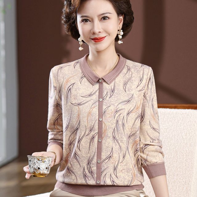 Mom suit spring and autumn thin cotton T-shirt top middle-aged and elderly women's autumn new knitted lapel base sweater