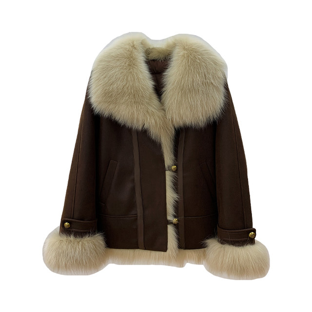 Hot cocoa in winter! Fox fur collar white gooseberry liner 2025 new suede parka fur coat for women