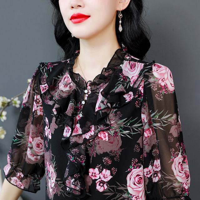 Mulberry silk ribbon leaf edge 7-quarter sleeve shirt 2025 new mother floral fashionable little shirt chiffon shirt top