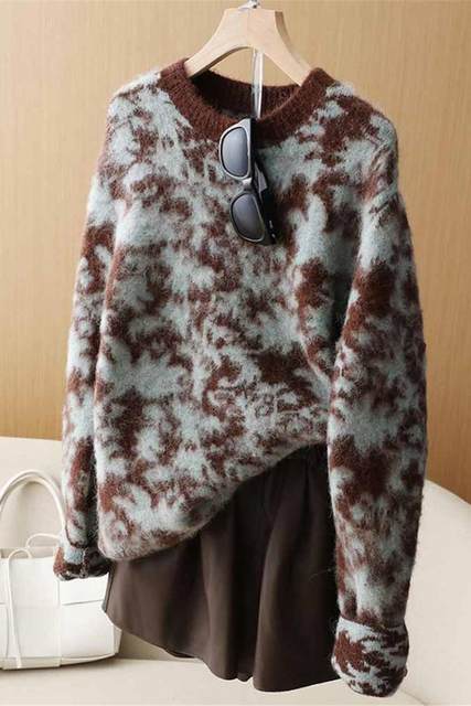 Brand discount counter shopping mall foreign trade women's clothing clearance abstract floral double-sided jacquard knitted sweater for women autumn and winter