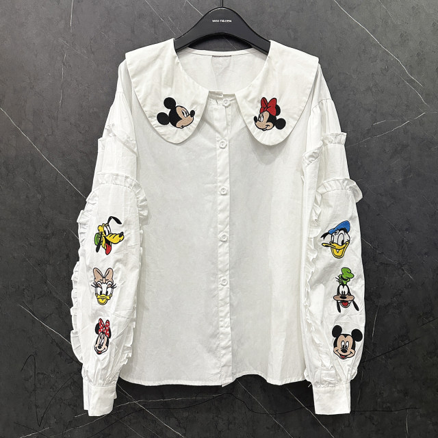 2025 spring new cartoon design doll collar long sleeve white shirt for women loose casual and versatile age-reducing shirt