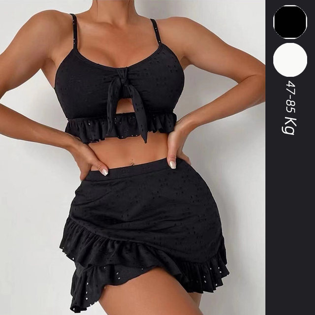 2025 large-size skirt bikini three-piece set sexy ruffled slim and split swimsuit slightly fat MM girl white and black