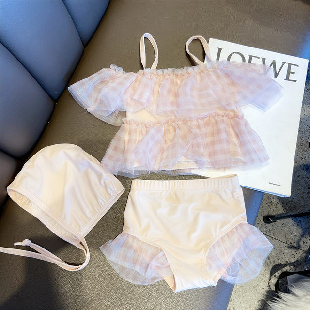 2025 Korean version new children's split fashion swimsuit pink plaid dream mesh cute children's split swimsuit