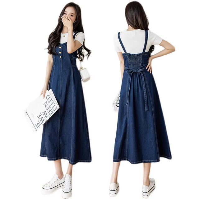 2025 mid-length skirt new style plus size versatile loose waist-hugging long skirt denim suspender A-line dress trendy
