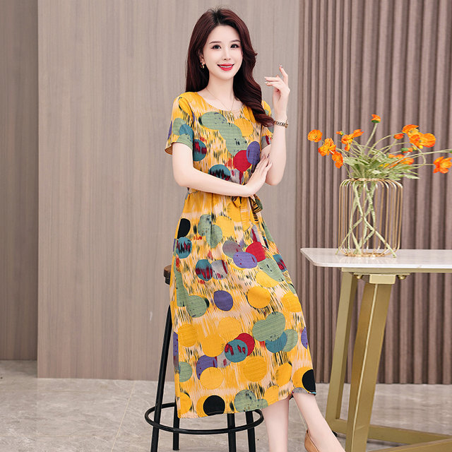 Temperament pure cotton silk dress for women 2025 new middle-aged mother summer clothes large size fashionable middle-aged and elderly long skirt