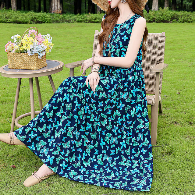 Summer cotton silk dress new outer wear young style suspender beach skirt women's sleeveless holiday skirt long skirt elegant