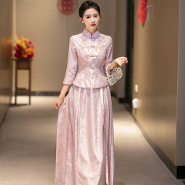 The wedding banquet pink winter cheongsam long noble young exotic wedding mother evening dress can usually wear