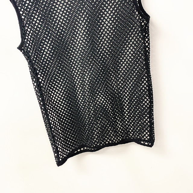 New European and American summer products, large mesh hollow mid-length women's vest, boyfriend style fishing net breathable neutral vacation style hood